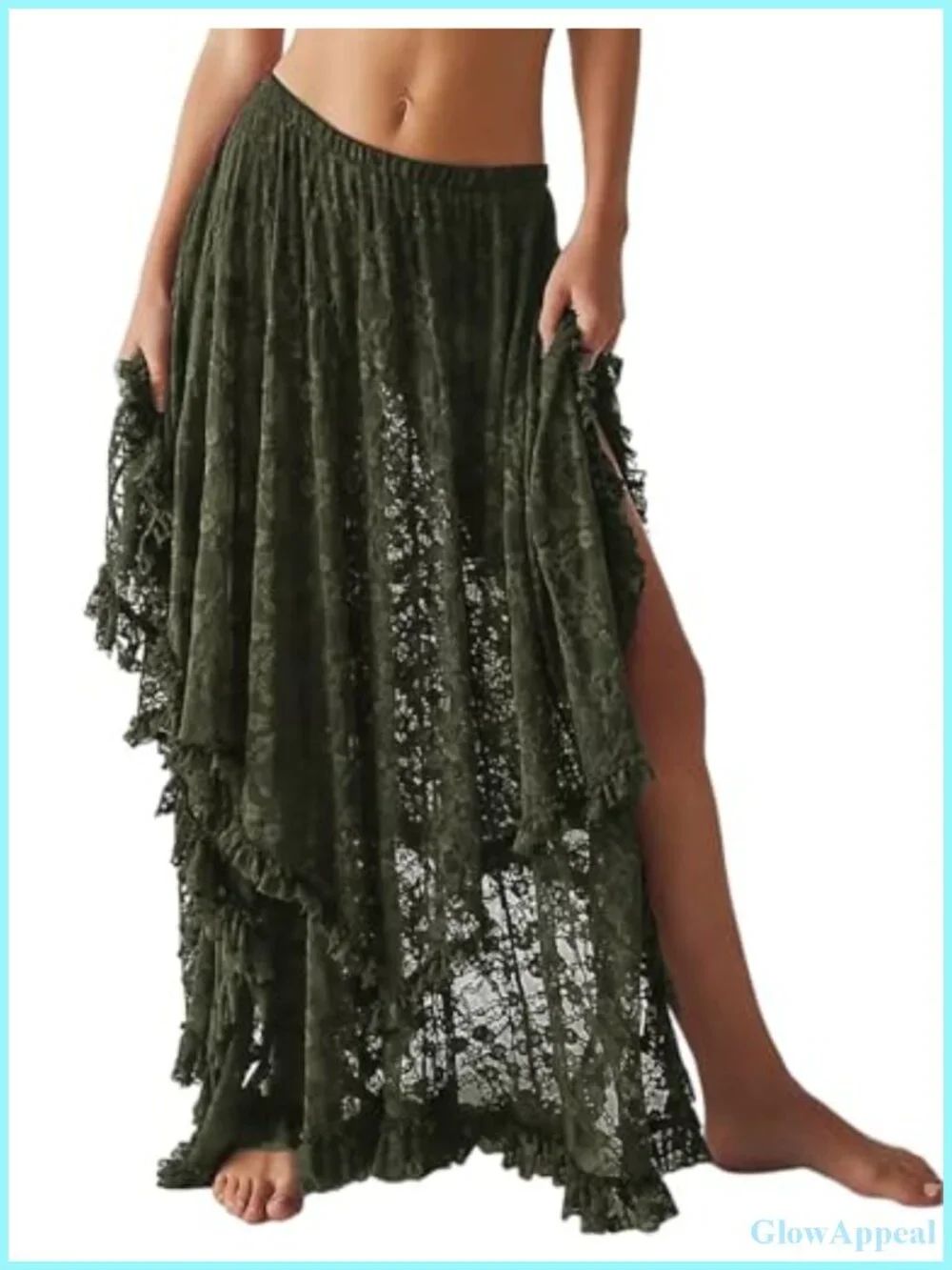 Womens Floral Lace Maxi Skirt Asymmetrical Boho Ruffle Hem Elastic Waist Sheer